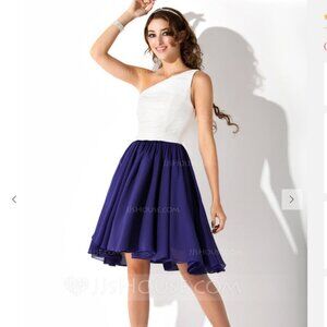 Elegant White and Navy One-Shoulder Women’s Dress
